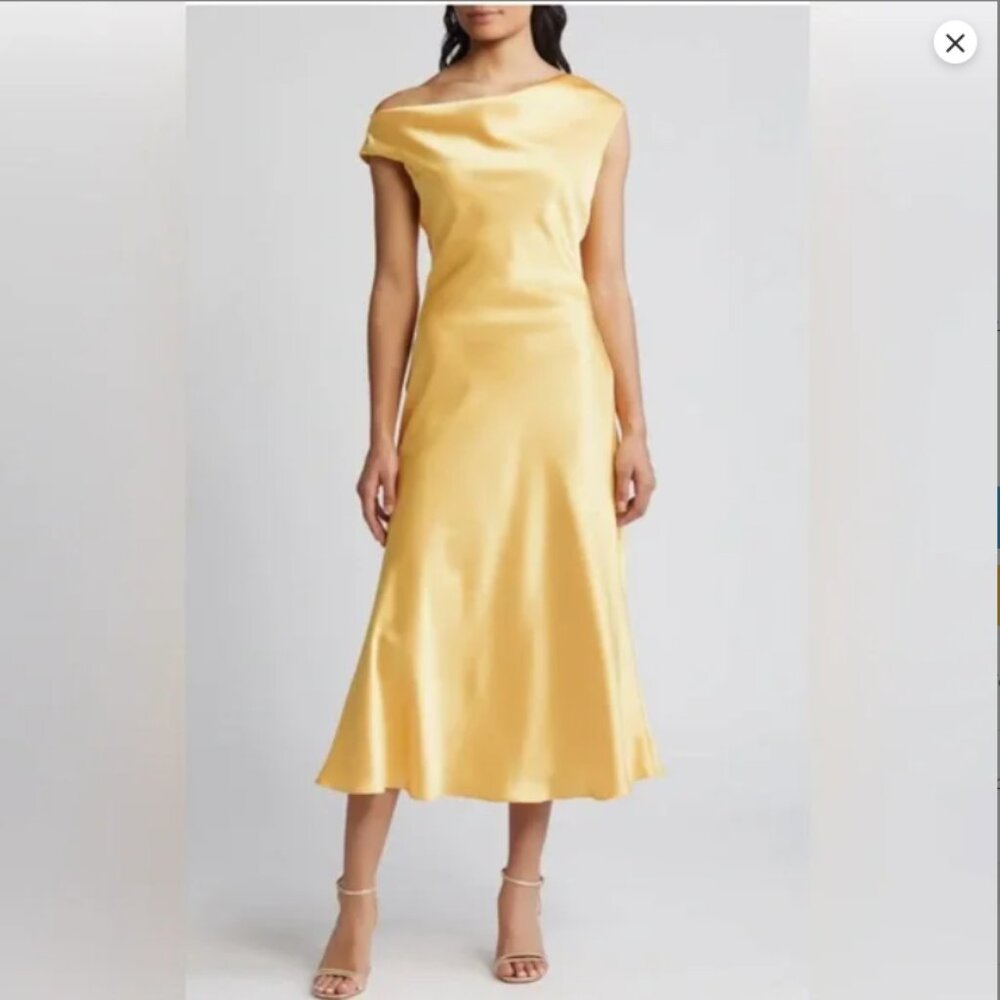 Amsale one shoulder marigold yellow Satin Midi Dress size 4 cocktail wedding